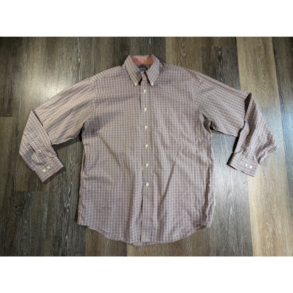 Brooks Brothers Button Down Mens Large Brown Check Non-Iron Long Sleeve Shirt